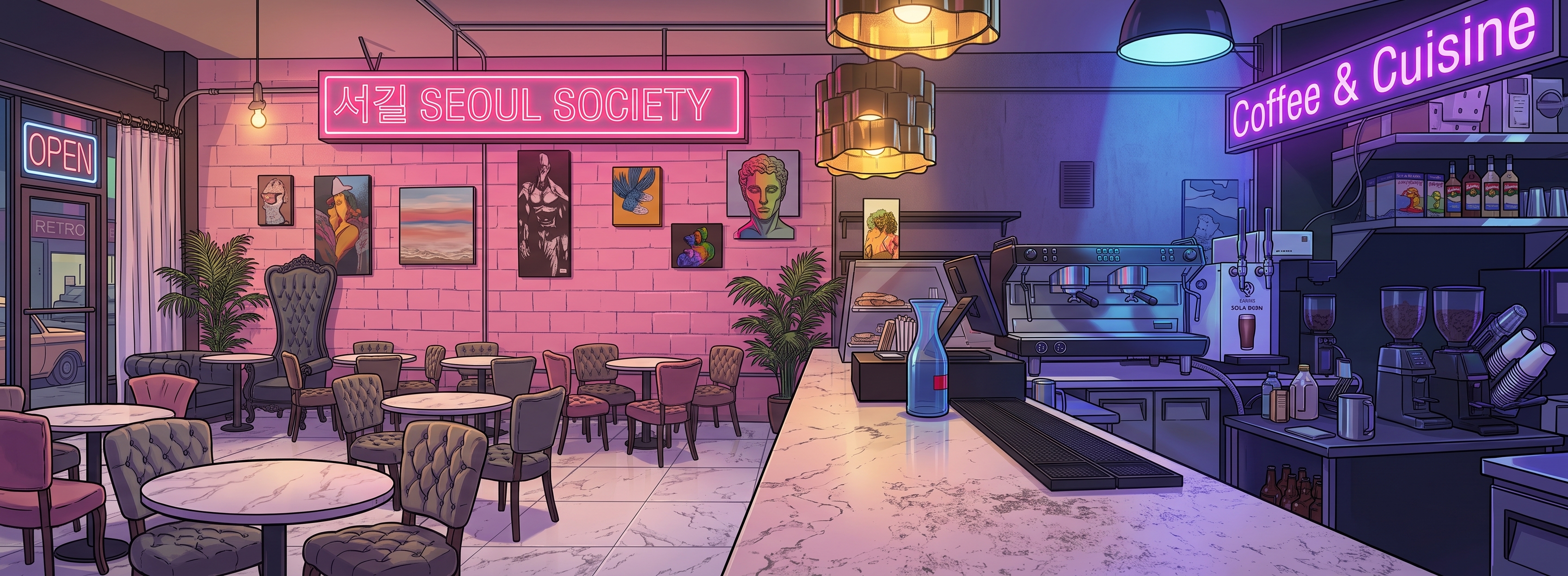 Inside Seoul Society — the neon-lit coffee bar and dining room